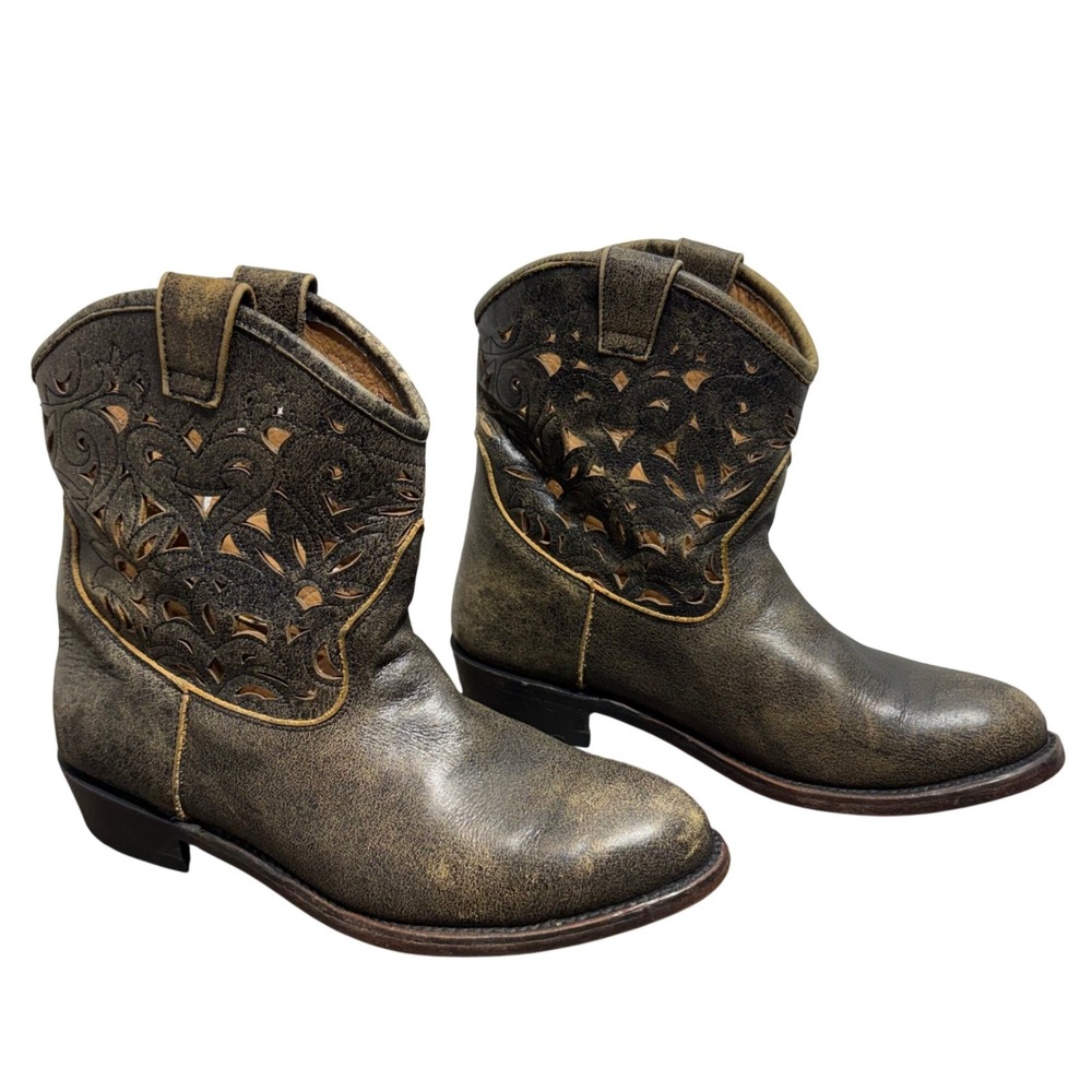 Ash Western Boots Women 7.5 Black Distressed Leather Laser Cut Out Ankle Bootie